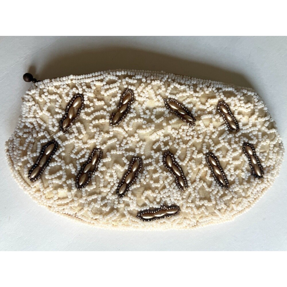 Vintage French Beaded Compact Purse Mirror Finger Loop Coin Vanity Bag Ivory